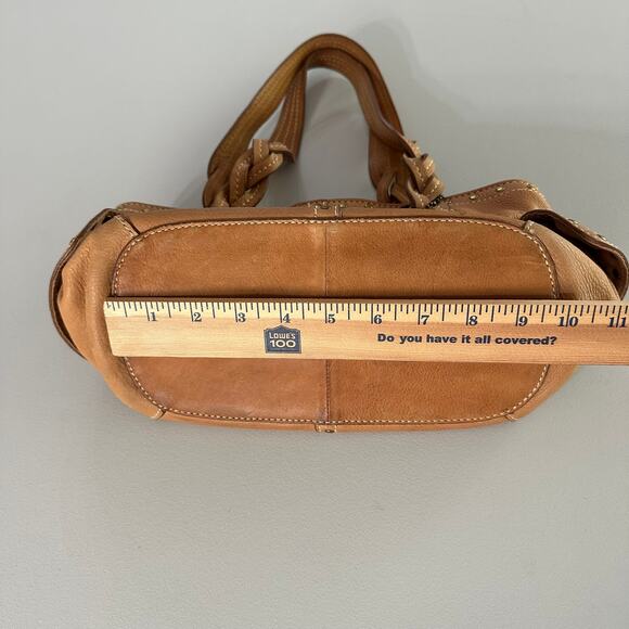 Fossil Tan Leather Shoulder Bag Satchel Studded Braided Handles w/ Key Charm - Picture 10 of 11